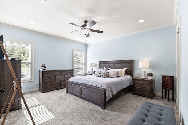128 Cedar Falls Ct, Columbia, MO 65203 - bedroom with carpet flooring, multiple windows, baseboards, ornamental molding, and ceiling fan