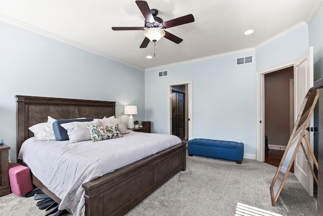 128 Cedar Falls Ct, Columbia, MO 65203 - bedroom with ornamental molding, light carpet, recessed lighting, a ceiling fan, and baseboards