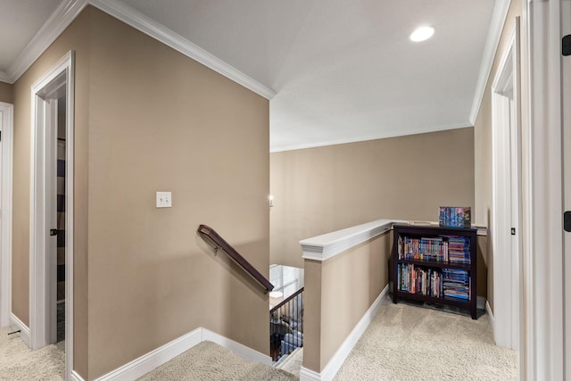 128 Cedar Falls Ct, Columbia, MO 65203 - hallway with an upstairs landing, carpet, crown molding, baseboards, and recessed lighting