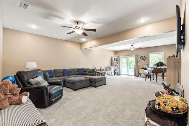 128 Cedar Falls Ct, Columbia, MO 65203 - carpeted living area featuring a ceiling fan and recessed lighting