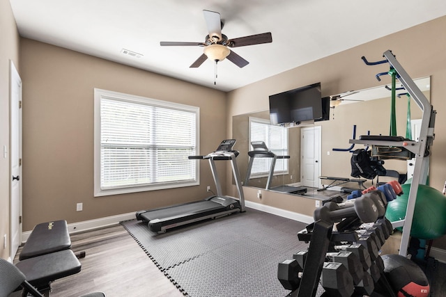 128 Cedar Falls Ct, Columbia, MO 65203 - workout room featuring a ceiling fan, wood finished floors, and baseboards