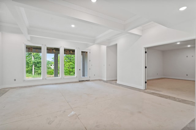 7200 Rudchester Ct, Columbia, MO 65203 - unfurnished room with baseboards, recessed lighting, ornamental molding, beamed ceiling, and concrete flooring