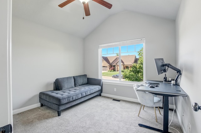 602 E Old Hawthorne Dr, Columbia, MO 65201 - office with lofted ceiling, carpet floors, a ceiling fan, and baseboards
