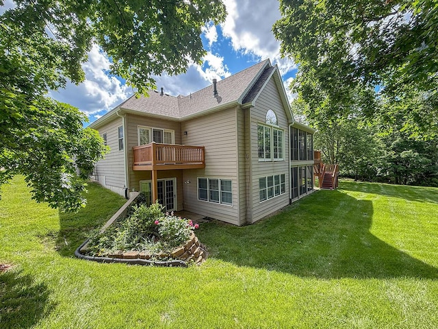 2409 Wild Oak Ct, Columbia, MO 65201 - rear view of house featuring a lawn, stairway, and a wooden deck