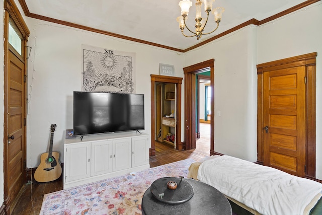 408 Vassar St, Bunceton, MO 65237 - bedroom featuring wood finished floors, a chandelier, and crown molding