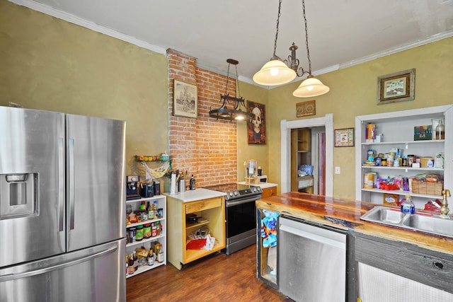 408 Vassar St, Bunceton, MO 65237 - kitchen featuring appliances with stainless steel finishes, open shelves, dark wood finished floors, ornamental molding, and pendant lighting