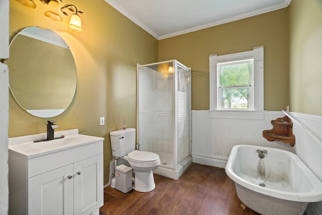 408 Vassar St, Bunceton, MO 65237 - bathroom with wood finished floors, vanity, wainscoting, a shower stall, and crown molding