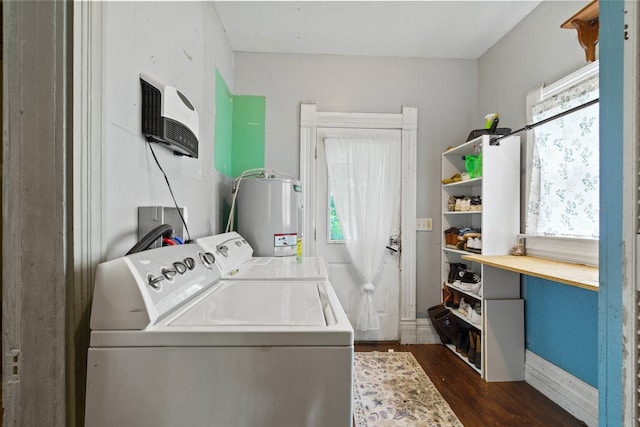 408 Vassar St, Bunceton, MO 65237 - laundry room featuring washer and clothes dryer, water heater, and dark wood-type flooring