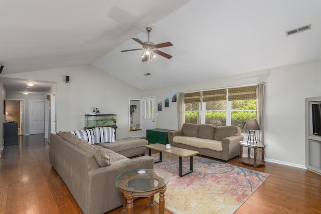 3111 E E W Snowy Hills Ln, Hartsburg, MO 65039 - living room with lofted ceiling, wood finished floors, a ceiling fan, and baseboards