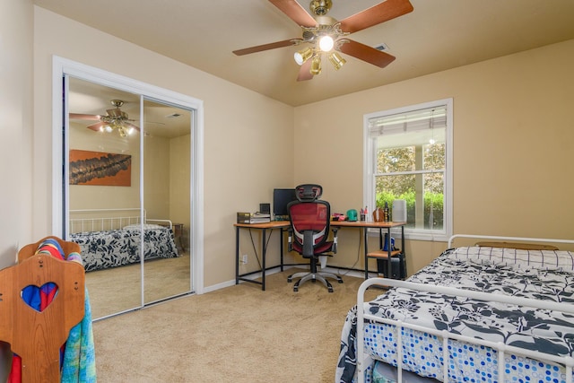 3111 E E W Snowy Hills Ln, Hartsburg, MO 65039 - carpeted bedroom featuring baseboards, an office area, and ceiling fan