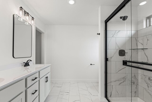 2360 N Federal Dr, Columbia, MO 65202 - bathroom with marble finish flooring, a shower stall, double vanity, baseboards, and recessed lighting