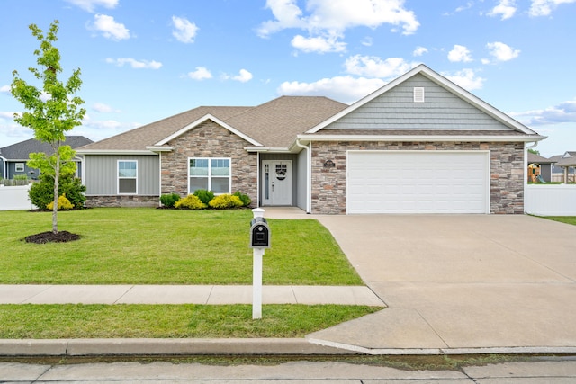 4841 Valley Forge Cir, Ashland, MO 65010 - view of front of home with stone siding, an attached garage, concrete driveway, roof with shingles, and board and batten siding