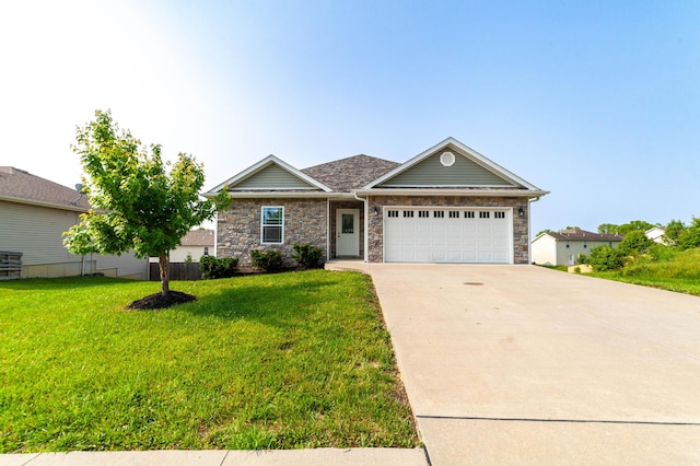 5506 Murfreesboro Dr, Columbia, MO 65201 - view of front of home with a garage, driveway, stone siding, and a front lawn