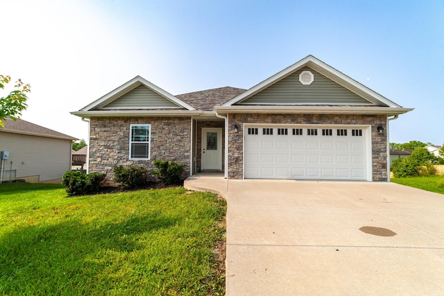 5506 Murfreesboro Dr, Columbia, MO 65201 - view of front of property with driveway, a front yard, a garage, and stone siding