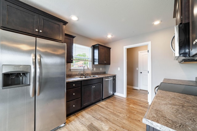 5506 Murfreesboro Dr, Columbia, MO 65201 - kitchen with stainless steel appliances, a sink, dark brown cabinets, light wood-style floors, and baseboards
