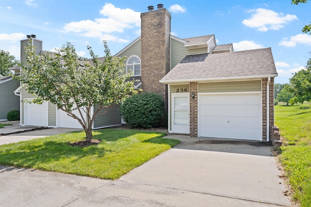 236 W Green Meadows Rd, Columbia, MO 65203 - view of front of property featuring a front lawn, a shingled roof, a chimney, and brick siding