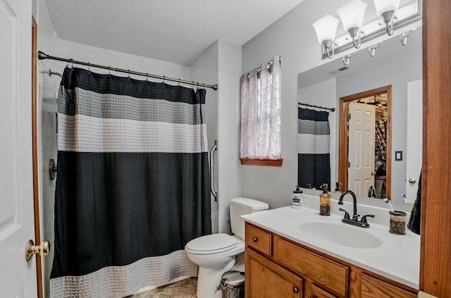 1402 Jean Rae Dr, Columbia, MO 65203 - bathroom with toilet, vanity, a shower with shower curtain, and tile patterned flooring