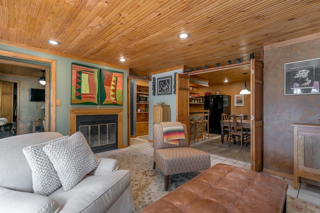 7901 N Chesley Dr, Columbia, MO 65202 - tiled living room with a fireplace with flush hearth, wooden ceiling, recessed lighting, and baseboards
