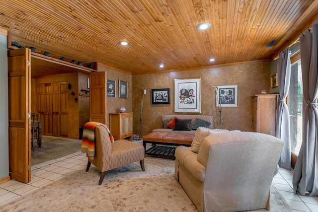 7901 N Chesley Dr, Columbia, MO 65202 - living room with light tile patterned floors, recessed lighting, and wood ceiling