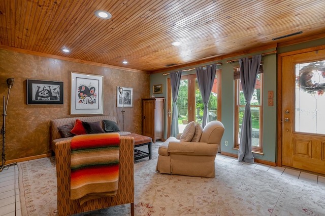 7901 N Chesley Dr, Columbia, MO 65202 - living area featuring tile patterned floors, recessed lighting, wooden ceiling, baseboards, and ornamental molding
