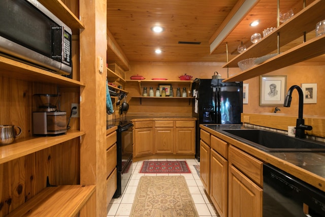 7901 N Chesley Dr, Columbia, MO 65202 - kitchen featuring black appliances, wood ceiling, a sink, light tile patterned floors, and open shelves