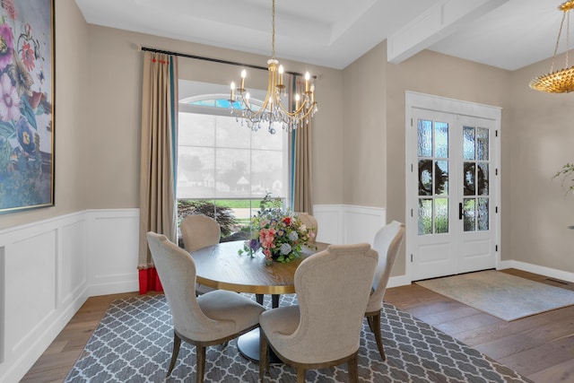 7501 Kirby Knowle Ct, Columbia, MO 65203 - dining room featuring a chandelier, hardwood / wood-style floors, a wainscoted wall, a decorative wall, and beamed ceiling