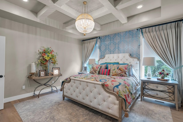 7501 Kirby Knowle Ct, Columbia, MO 65203 - bedroom with coffered ceiling, a chandelier, wood finished floors, recessed lighting, and beamed ceiling