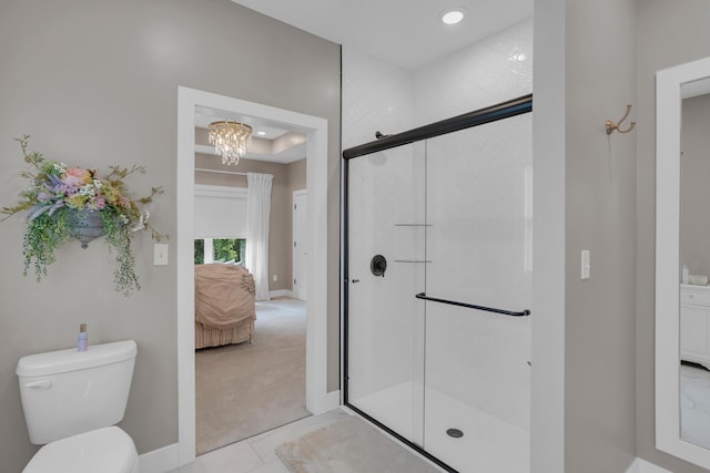 7501 Kirby Knowle Ct, Columbia, MO 65203 - full bath with connected bathroom, a stall shower, a chandelier, and recessed lighting
