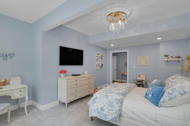 7501 Kirby Knowle Ct, Columbia, MO 65203 - bedroom with light carpet, a chandelier, and recessed lighting