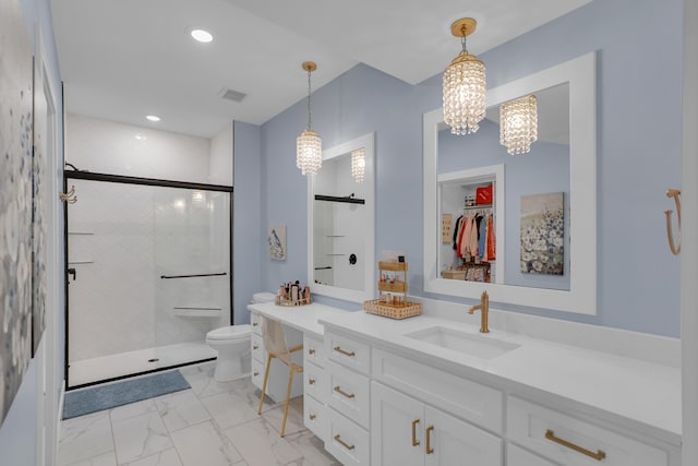 7501 Kirby Knowle Ct, Columbia, MO 65203 - full bath featuring vanity, a stall shower, marble finish floors, a walk in closet, and recessed lighting