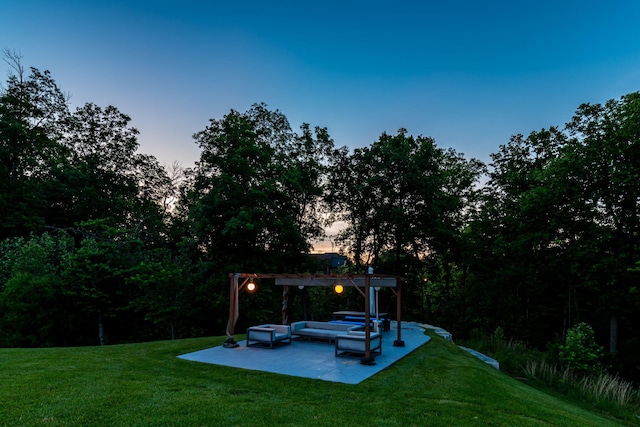 7305 Sella Ct, Columbia, MO 65203 - view of grassy yard featuring an outdoor living space, a patio, and a pergola