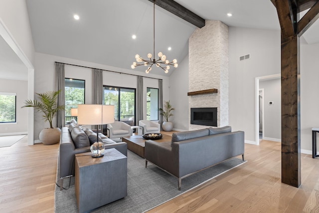 7305 Sella Ct, Columbia, MO 65203 - living area featuring high vaulted ceiling, beamed ceiling, light wood-style flooring, baseboards, and a chandelier