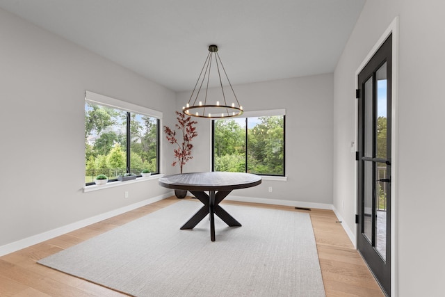 7305 Sella Ct, Columbia, MO 65203 - unfurnished dining area with baseboards, light wood-type flooring, and a chandelier