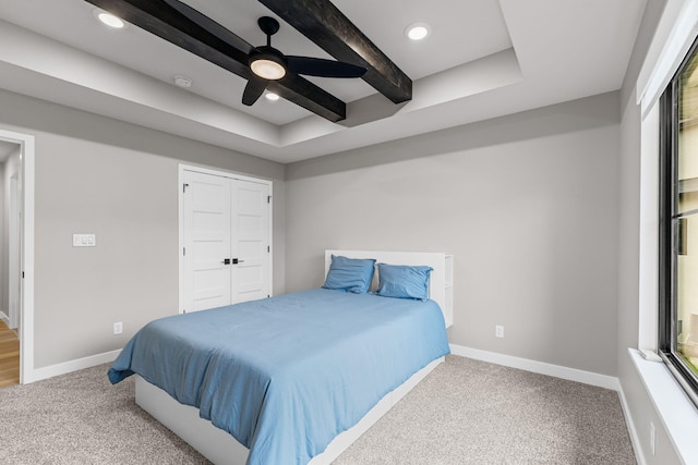 7305 Sella Ct, Columbia, MO 65203 - bedroom with carpet flooring, baseboards, beamed ceiling, recessed lighting, and ceiling fan
