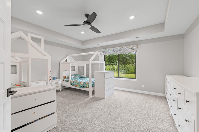 7305 Sella Ct, Columbia, MO 65203 - bedroom with light colored carpet, baseboards, recessed lighting, and ceiling fan