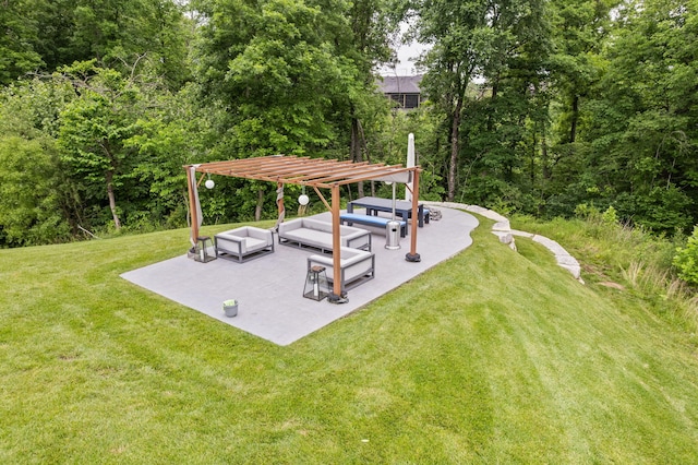 7305 Sella Ct, Columbia, MO 65203 - view of green lawn with a pergola, a patio area, and outdoor lounge area