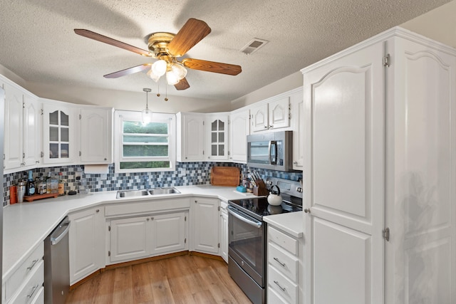 5700 Wilhite Rd, Columbia, MO 65202 - kitchen featuring stainless steel appliances, a sink, light wood finished floors, ceiling fan, and glass insert cabinets
