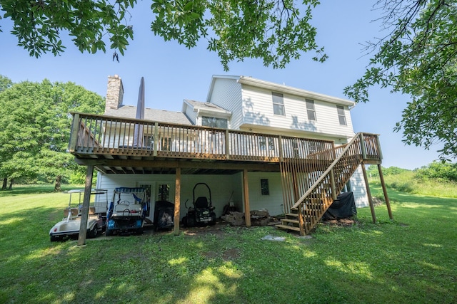 10060 E David Allen Rd, Columbia, MO 65201 - rear view of property featuring a wooden deck, a yard, a chimney, and stairs