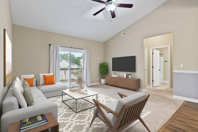 4008 W Worley St Unit 301, Columbia, MO 65203 - living area featuring a ceiling fan, high vaulted ceiling, and wood finished floors