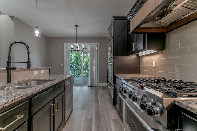 2016 Devonshire Dr, Columbia, MO 65203 - kitchen featuring custom exhaust hood, appliances with stainless steel finishes, decorative backsplash, light wood-style floors, and hanging light fixtures