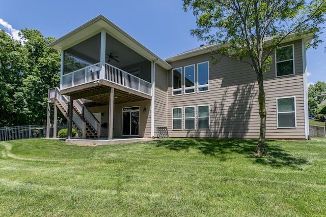 2016 Devonshire Dr, Columbia, MO 65203 - back of house with ceiling fan, a wooden deck, a patio, and stairs