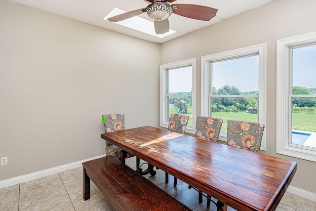 8801 S Ginn Ln, Columbia, MO 65201 - dining room featuring baseboards, light tile patterned floors, and ceiling fan