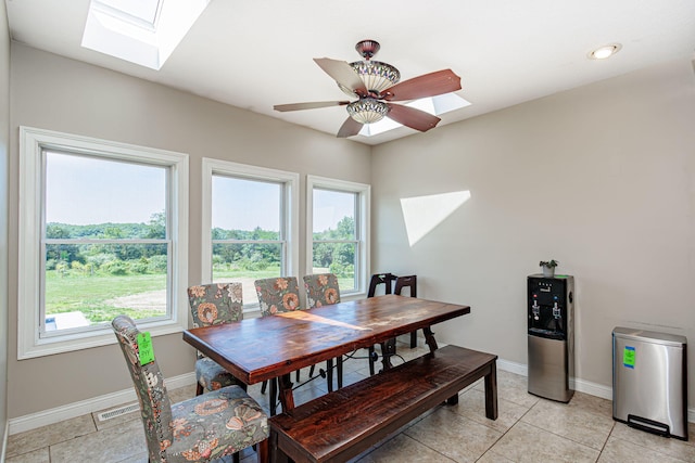 8801 S Ginn Ln, Columbia, MO 65201 - dining room featuring a skylight, healthy amount of natural light, baseboards, ceiling fan, and recessed lighting