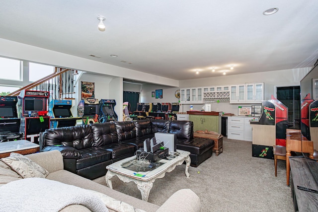 8801 S Ginn Ln, Columbia, MO 65201 - living room with light carpet and stairs