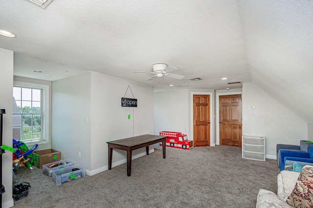 8801 S Ginn Ln, Columbia, MO 65201 - recreation room featuring carpet floors, a textured ceiling, a ceiling fan, recessed lighting, and vaulted ceiling