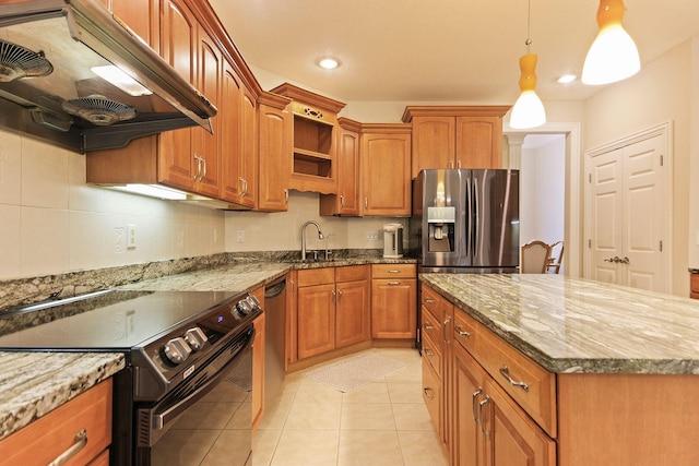 203 Foxwood Ct, Columbia, MO 65203 - kitchen with black range with electric cooktop, custom range hood, light stone countertops, brown cabinetry, and recessed lighting