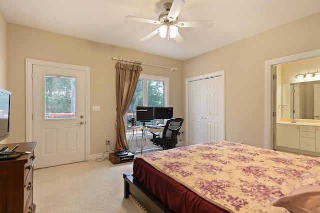 203 Foxwood Ct, Columbia, MO 65203 - bedroom with light carpet, a closet, ceiling fan, ensuite bathroom, and a desk