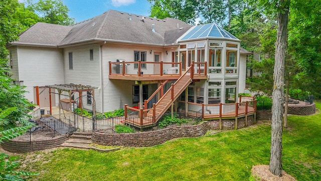203 Foxwood Ct, Columbia, MO 65203 - back of property featuring a deck, a shingled roof, a sunroom, a pergola, and a yard