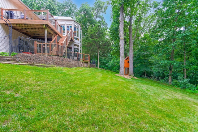 203 Foxwood Ct, Columbia, MO 65203 - view of grassy yard with a deck and stairs