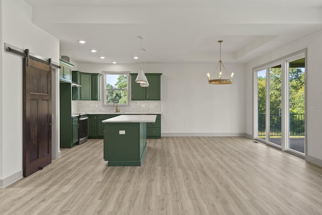 1704 Stillpoint Ct, Columbia, MO 65203 - kitchen with green cabinetry, electric stove, light wood-type flooring, backsplash, and recessed lighting